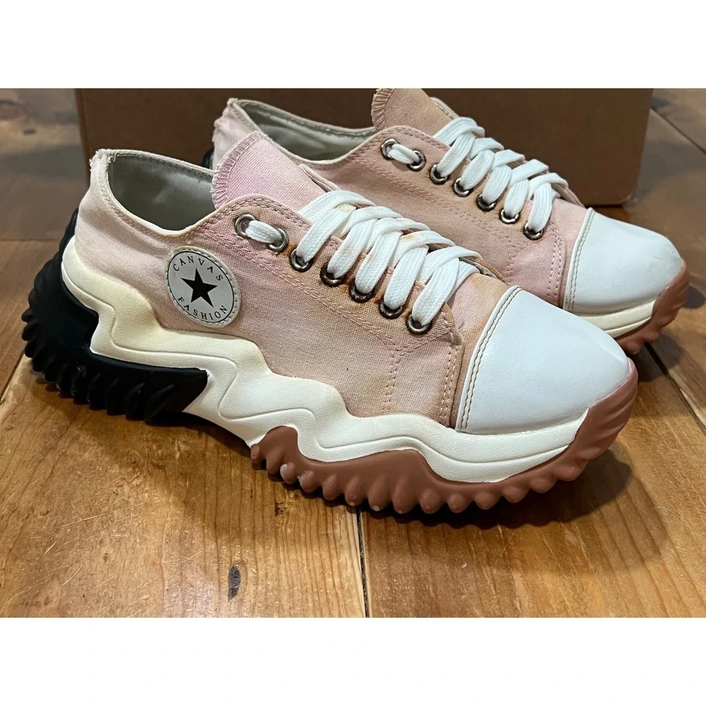 Canvas Fashion Chunky Platform Wavy Lug Sole Sneakers Pink Peach Low Top